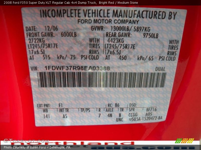 Bright Red / Medium Stone 2008 Ford F350 Super Duty XLT Regular Cab 4x4 Dump Truck