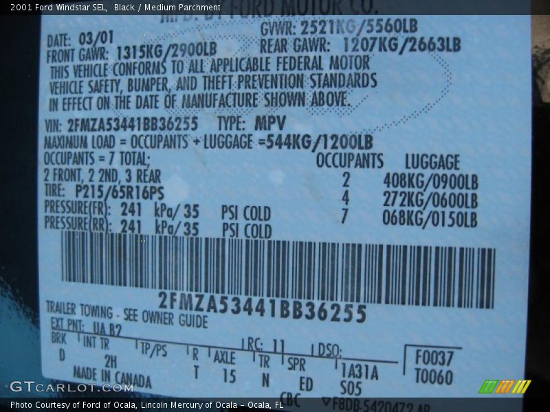 Black / Medium Parchment 2001 Ford Windstar SEL