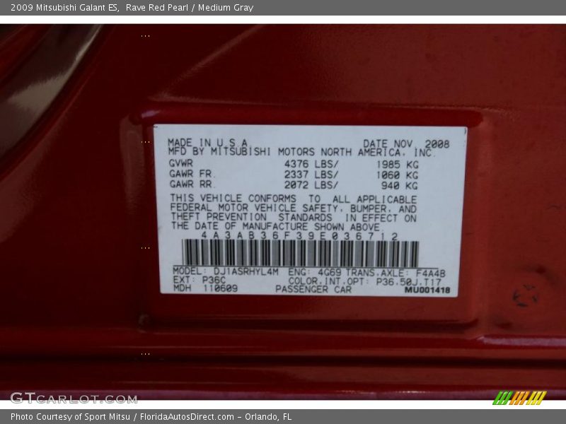 Rave Red Pearl / Medium Gray 2009 Mitsubishi Galant ES
