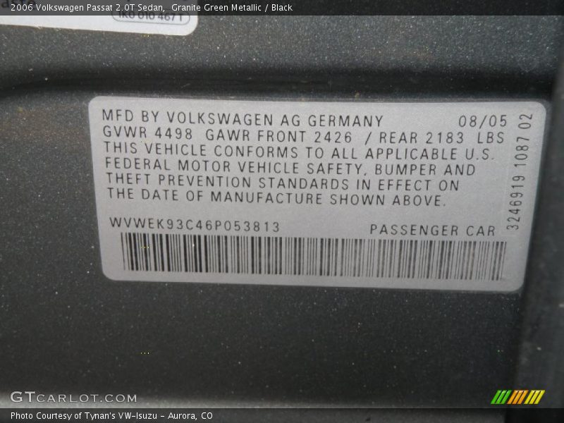 Granite Green Metallic / Black 2006 Volkswagen Passat 2.0T Sedan