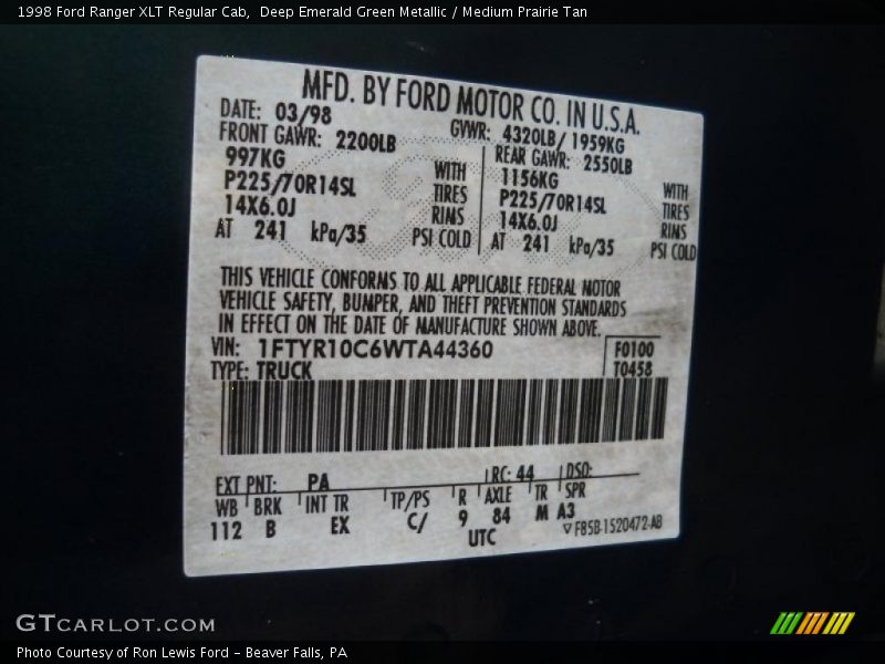 Deep Emerald Green Metallic / Medium Prairie Tan 1998 Ford Ranger XLT Regular Cab