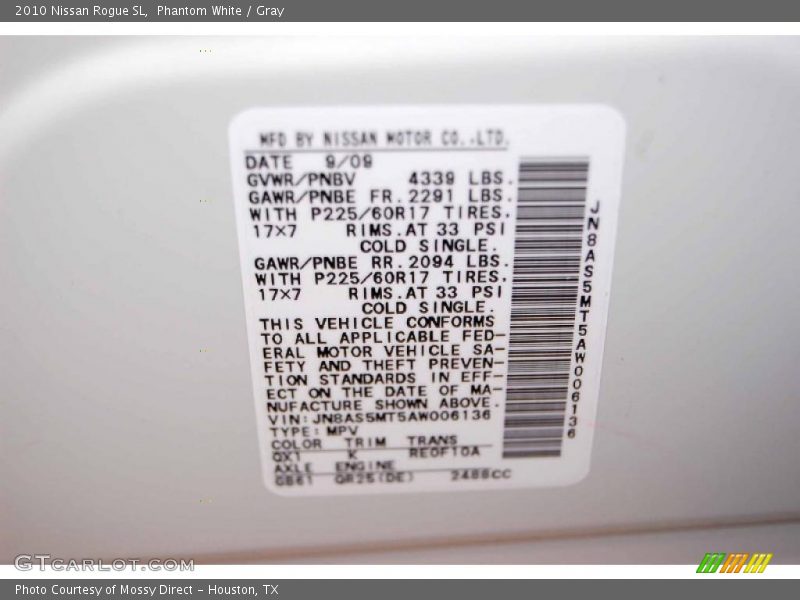 2010 Rogue SL Phantom White Color Code QX1