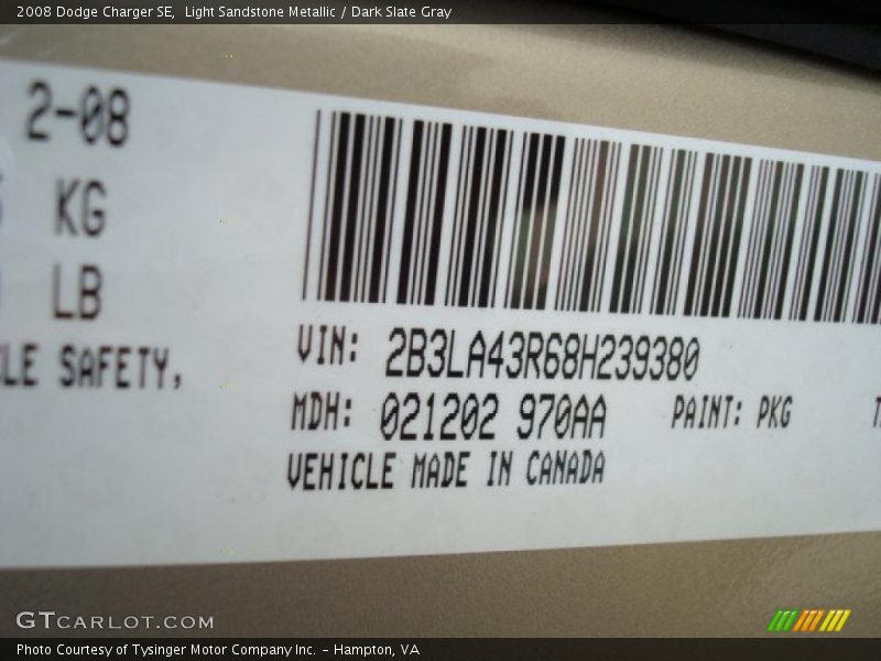 2008 Charger SE Light Sandstone Metallic Color Code PKG