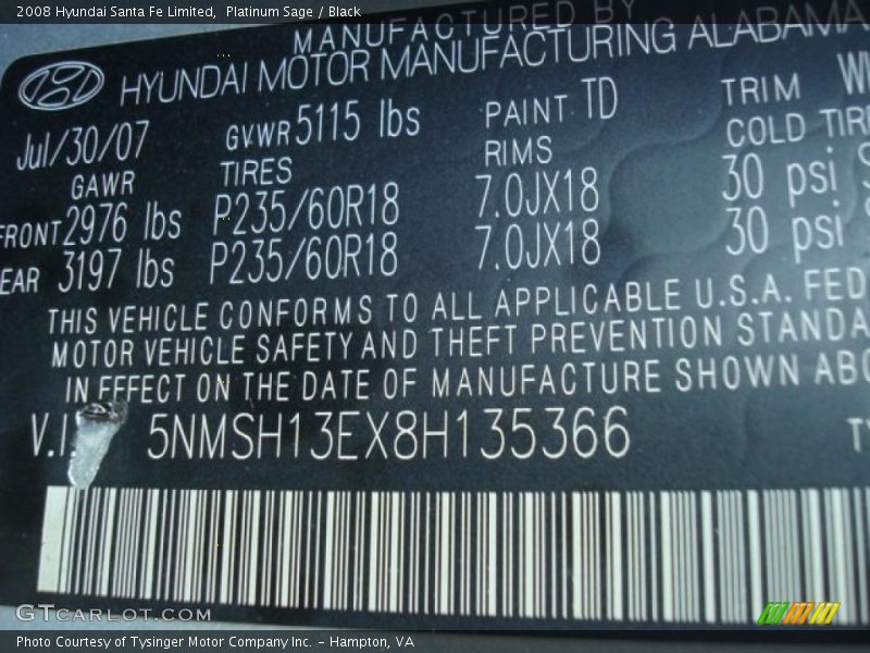 Platinum Sage / Black 2008 Hyundai Santa Fe Limited