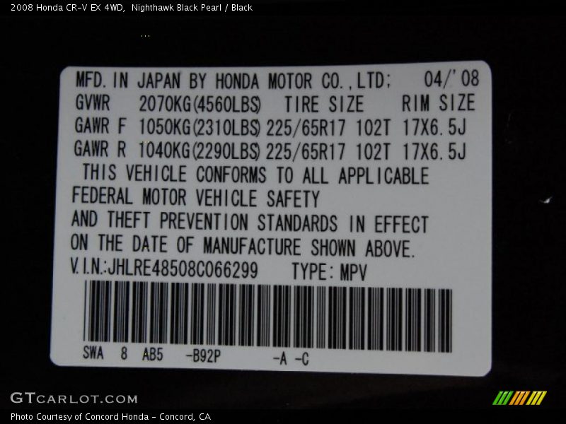 Nighthawk Black Pearl / Black 2008 Honda CR-V EX 4WD