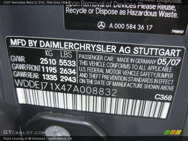 Flint Grey / Black 2007 Mercedes-Benz CL 550