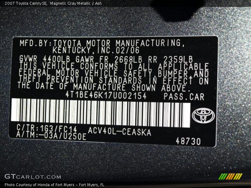 Magnetic Gray Metallic / Ash 2007 Toyota Camry SE