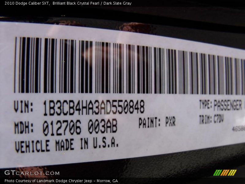 2010 Caliber SXT Brilliant Black Crystal Pearl Color Code PXR