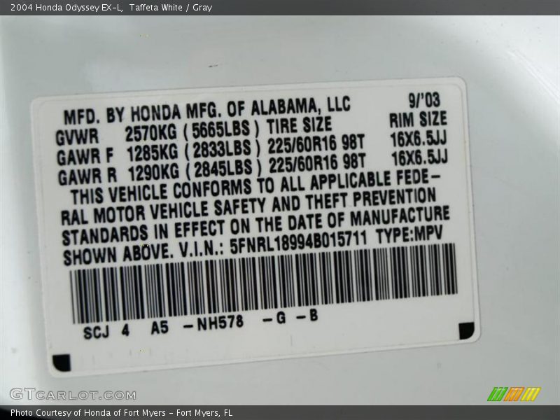 Taffeta White / Gray 2004 Honda Odyssey EX-L