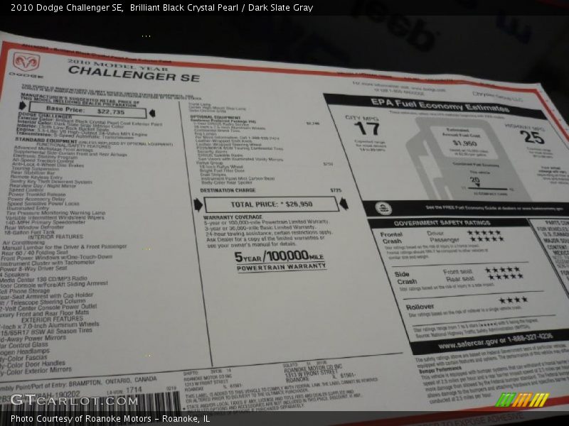 Brilliant Black Crystal Pearl / Dark Slate Gray 2010 Dodge Challenger SE