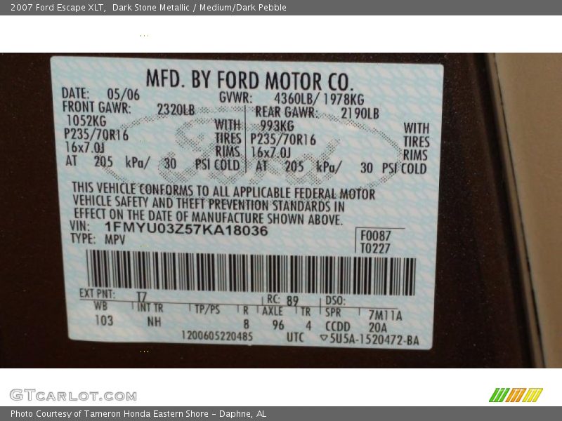 Dark Stone Metallic / Medium/Dark Pebble 2007 Ford Escape XLT