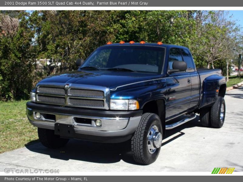Parriot Blue Pearl / Mist Gray 2001 Dodge Ram 3500 SLT Quad Cab 4x4 Dually