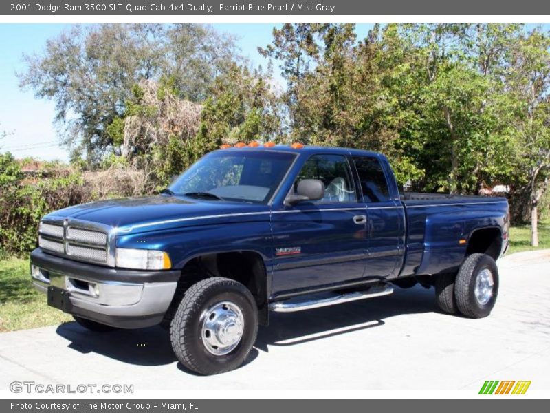 Parriot Blue Pearl / Mist Gray 2001 Dodge Ram 3500 SLT Quad Cab 4x4 Dually