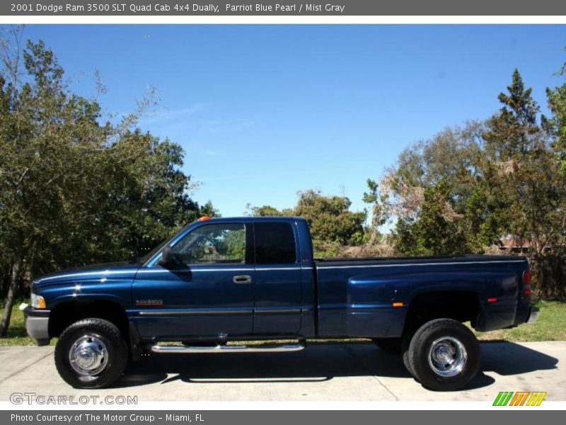 Parriot Blue Pearl / Mist Gray 2001 Dodge Ram 3500 SLT Quad Cab 4x4 Dually