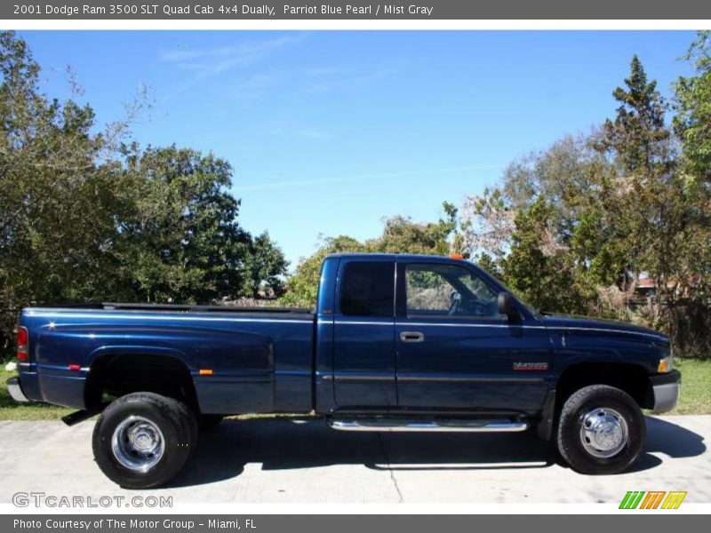 Parriot Blue Pearl / Mist Gray 2001 Dodge Ram 3500 SLT Quad Cab 4x4 Dually