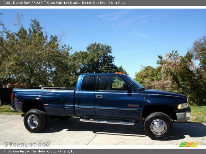 Parriot Blue Pearl / Mist Gray 2001 Dodge Ram 3500 SLT Quad Cab 4x4 Dually