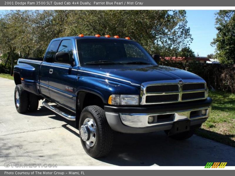 Parriot Blue Pearl / Mist Gray 2001 Dodge Ram 3500 SLT Quad Cab 4x4 Dually