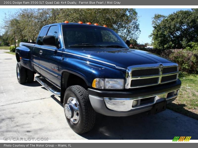Parriot Blue Pearl / Mist Gray 2001 Dodge Ram 3500 SLT Quad Cab 4x4 Dually