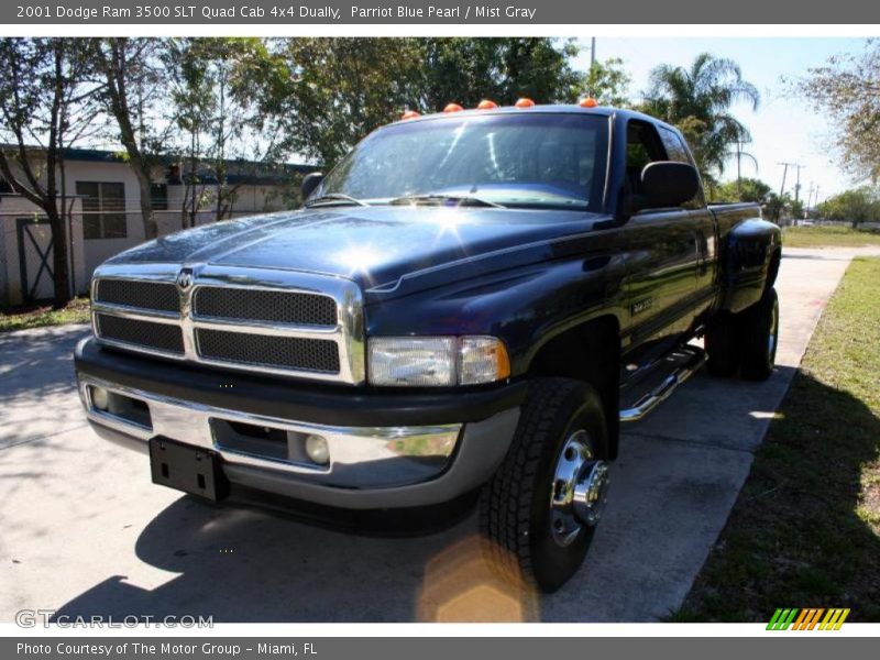 Parriot Blue Pearl / Mist Gray 2001 Dodge Ram 3500 SLT Quad Cab 4x4 Dually