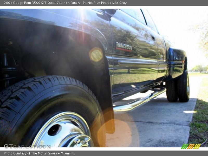 Parriot Blue Pearl / Mist Gray 2001 Dodge Ram 3500 SLT Quad Cab 4x4 Dually