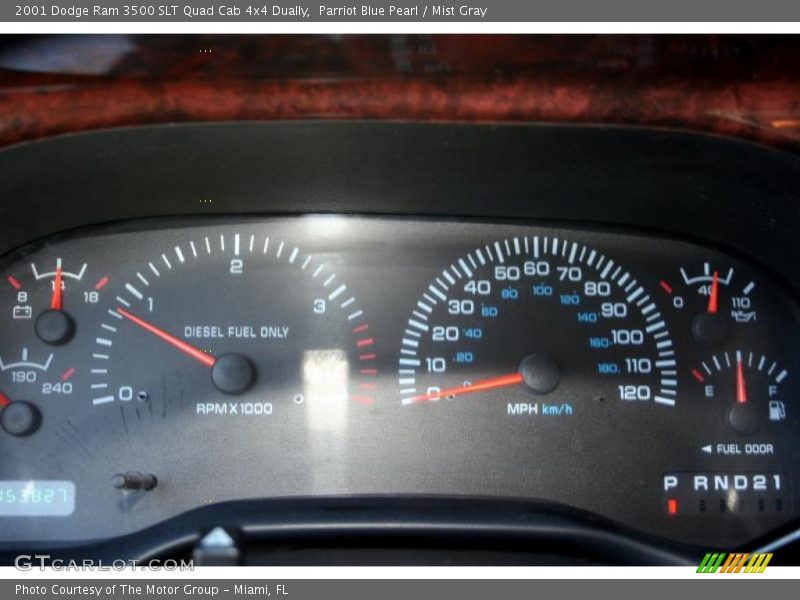 Parriot Blue Pearl / Mist Gray 2001 Dodge Ram 3500 SLT Quad Cab 4x4 Dually