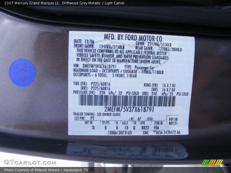Driftwood Grey Metallic / Light Camel 2007 Mercury Grand Marquis LS