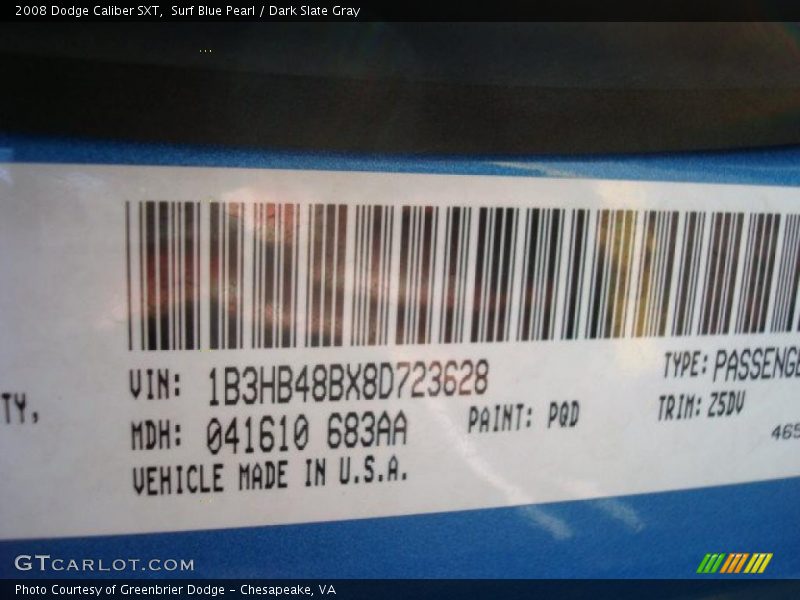 Surf Blue Pearl / Dark Slate Gray 2008 Dodge Caliber SXT