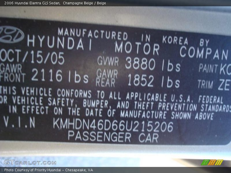 Champagne Beige / Beige 2006 Hyundai Elantra GLS Sedan