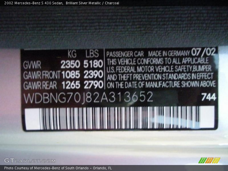 Brilliant Silver Metallic / Charcoal 2002 Mercedes-Benz S 430 Sedan