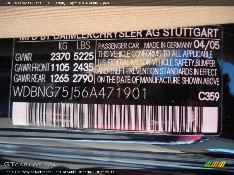 Capri Blue Metallic / Java 2006 Mercedes-Benz S 500 Sedan