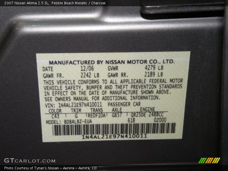 Pebble Beach Metallic / Charcoal 2007 Nissan Altima 2.5 SL