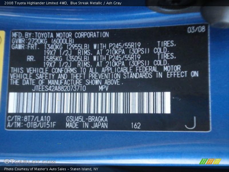 Blue Streak Metallic / Ash Gray 2008 Toyota Highlander Limited 4WD