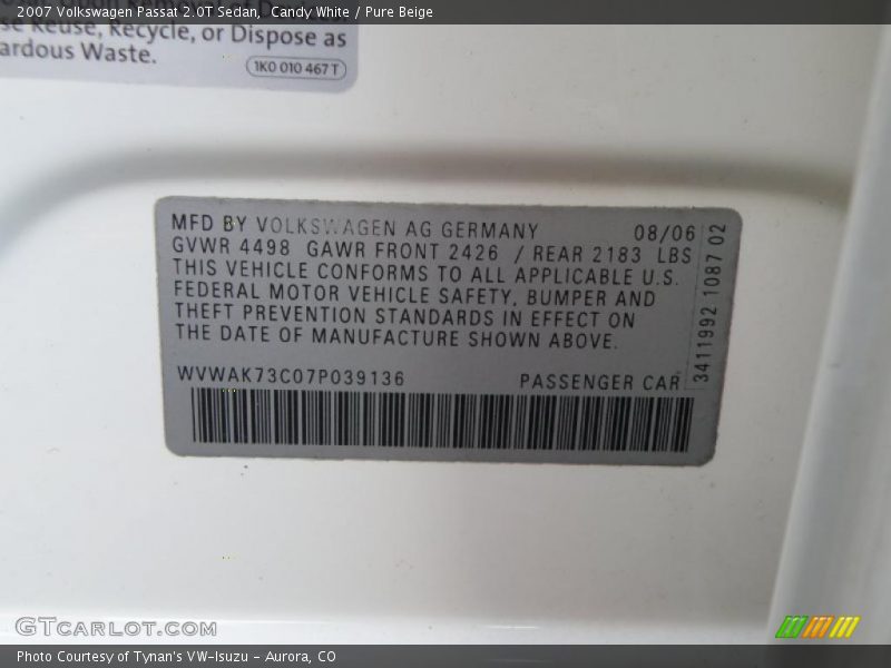 Candy White / Pure Beige 2007 Volkswagen Passat 2.0T Sedan