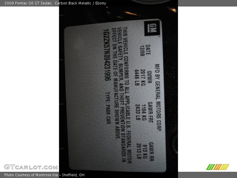 Carbon Black Metallic / Ebony 2009 Pontiac G6 GT Sedan