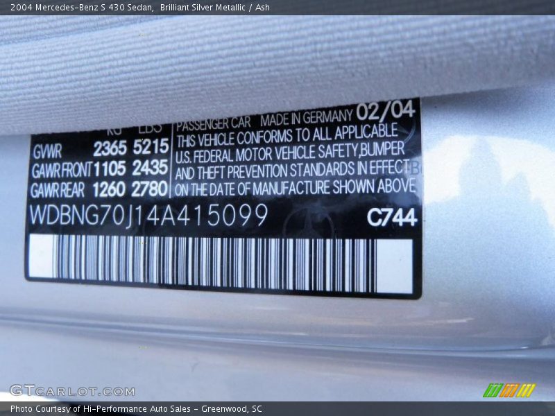 Brilliant Silver Metallic / Ash 2004 Mercedes-Benz S 430 Sedan