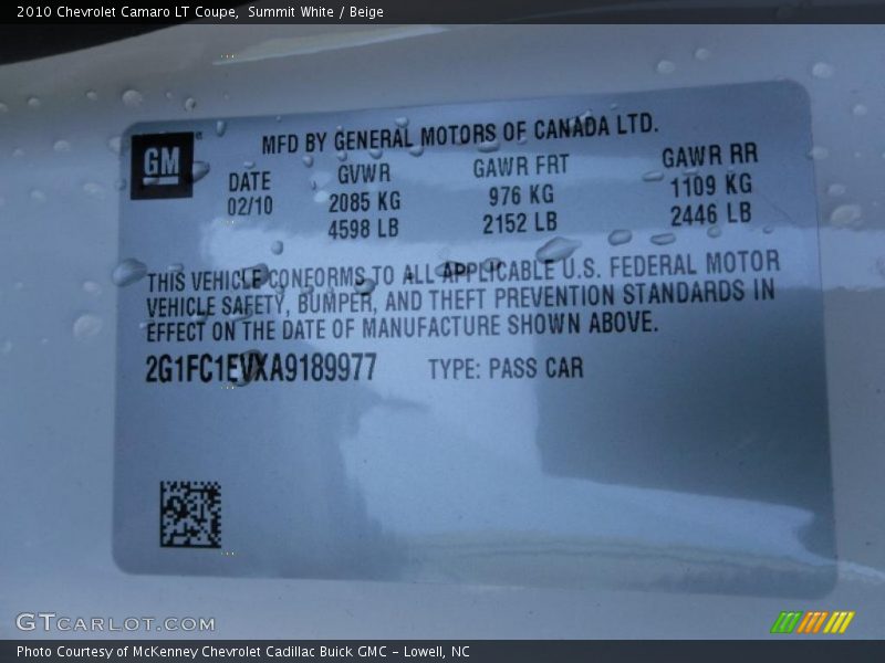 Summit White / Beige 2010 Chevrolet Camaro LT Coupe