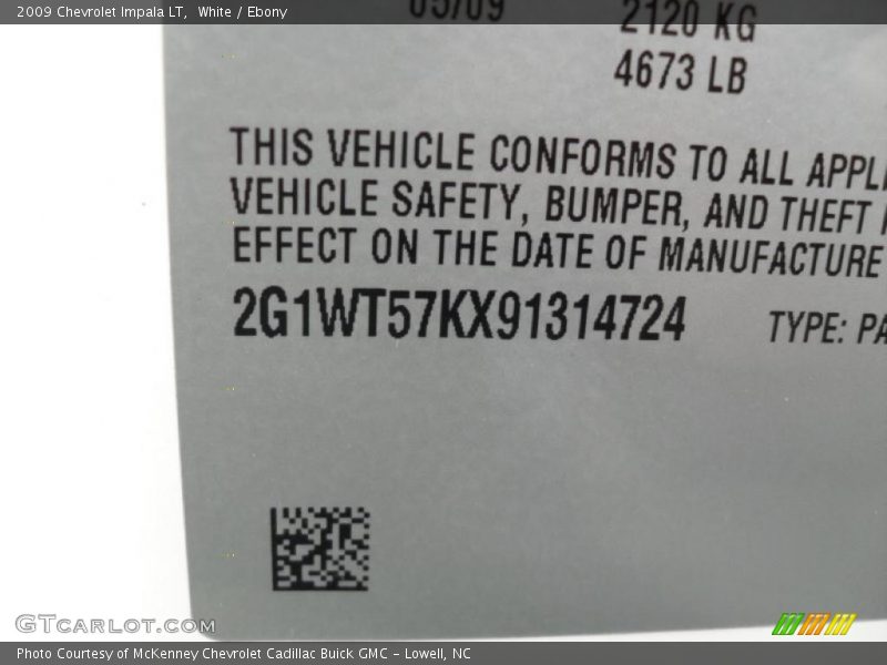 White / Ebony 2009 Chevrolet Impala LT