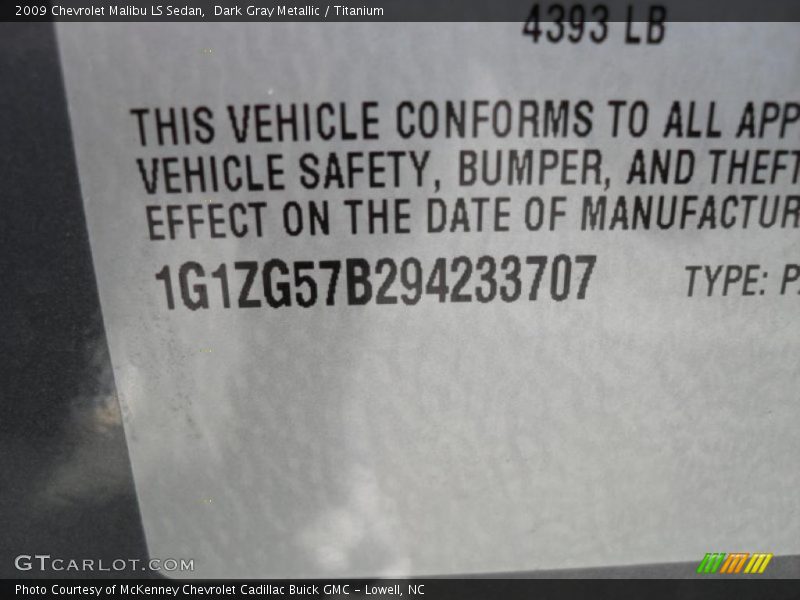 Dark Gray Metallic / Titanium 2009 Chevrolet Malibu LS Sedan