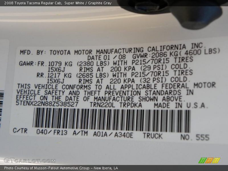 Super White / Graphite Gray 2008 Toyota Tacoma Regular Cab