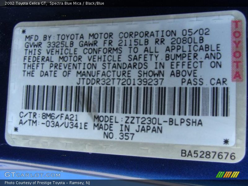 Spectra Blue Mica / Black/Blue 2002 Toyota Celica GT