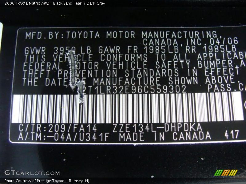 Black Sand Pearl / Dark Gray 2006 Toyota Matrix AWD