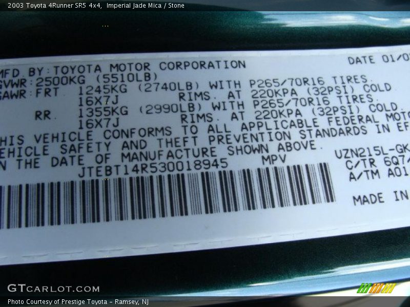 Imperial Jade Mica / Stone 2003 Toyota 4Runner SR5 4x4