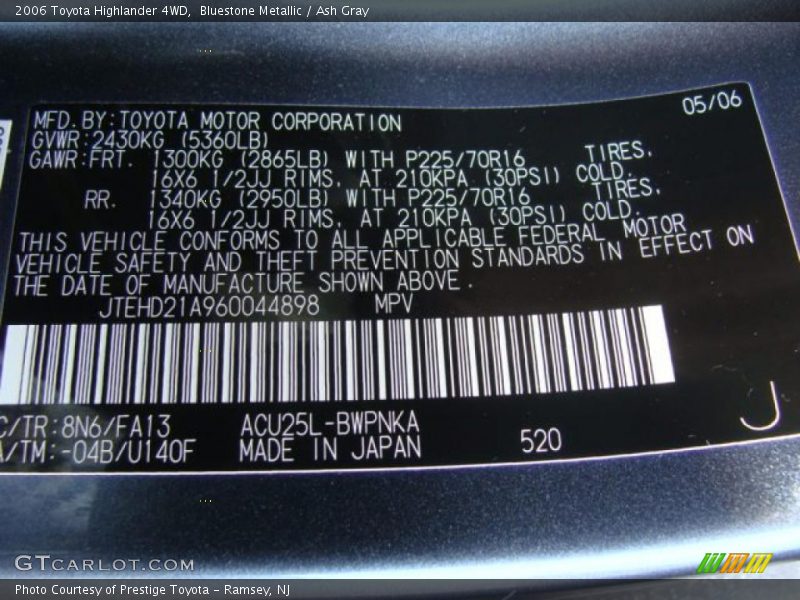 Bluestone Metallic / Ash Gray 2006 Toyota Highlander 4WD