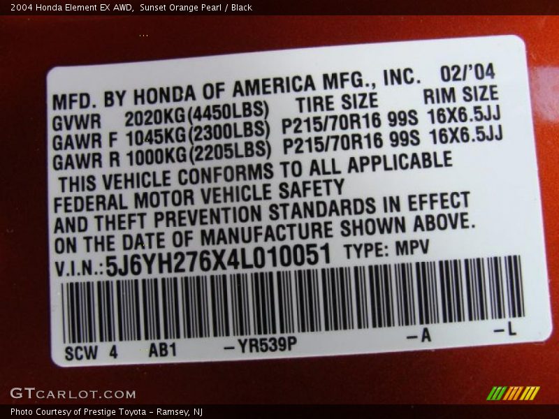 Sunset Orange Pearl / Black 2004 Honda Element EX AWD