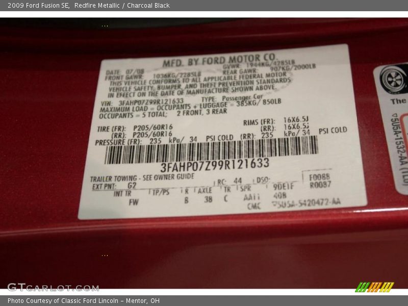 Redfire Metallic / Charcoal Black 2009 Ford Fusion SE