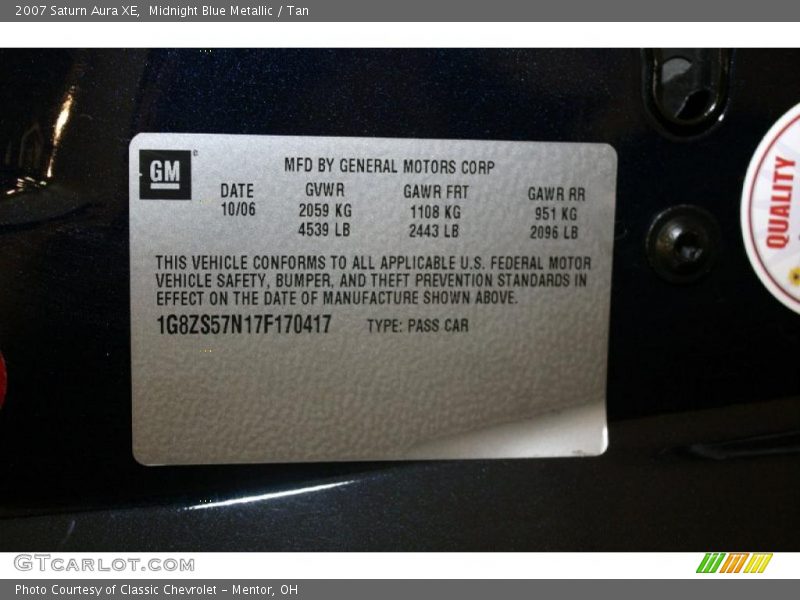 Midnight Blue Metallic / Tan 2007 Saturn Aura XE