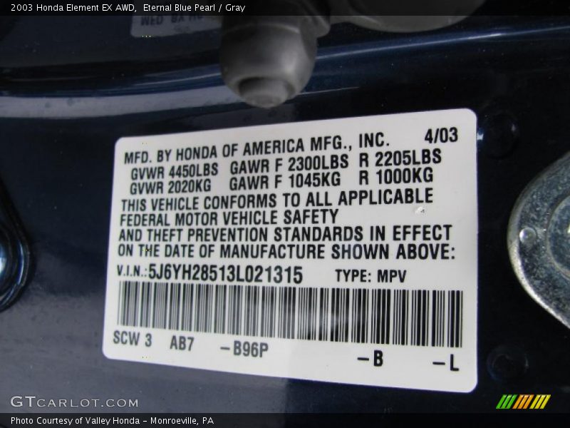 Eternal Blue Pearl / Gray 2003 Honda Element EX AWD