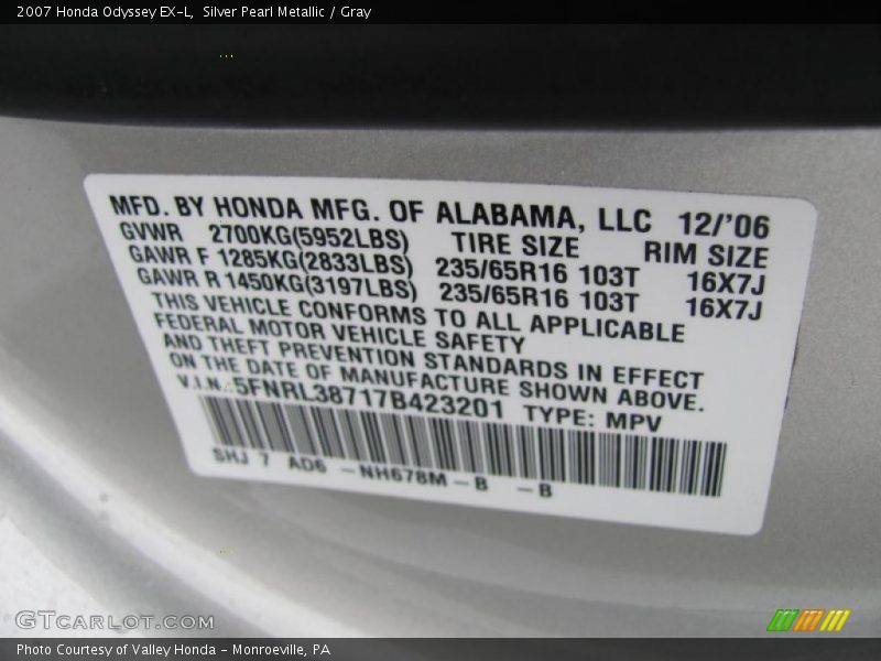 Silver Pearl Metallic / Gray 2007 Honda Odyssey EX-L