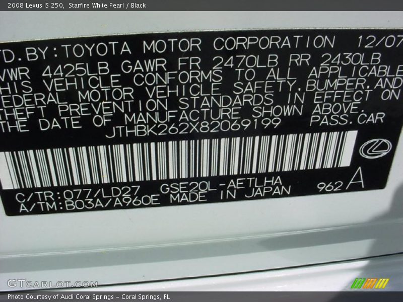 Starfire White Pearl / Black 2008 Lexus IS 250
