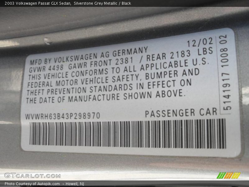 Silverstone Grey Metallic / Black 2003 Volkswagen Passat GLX Sedan
